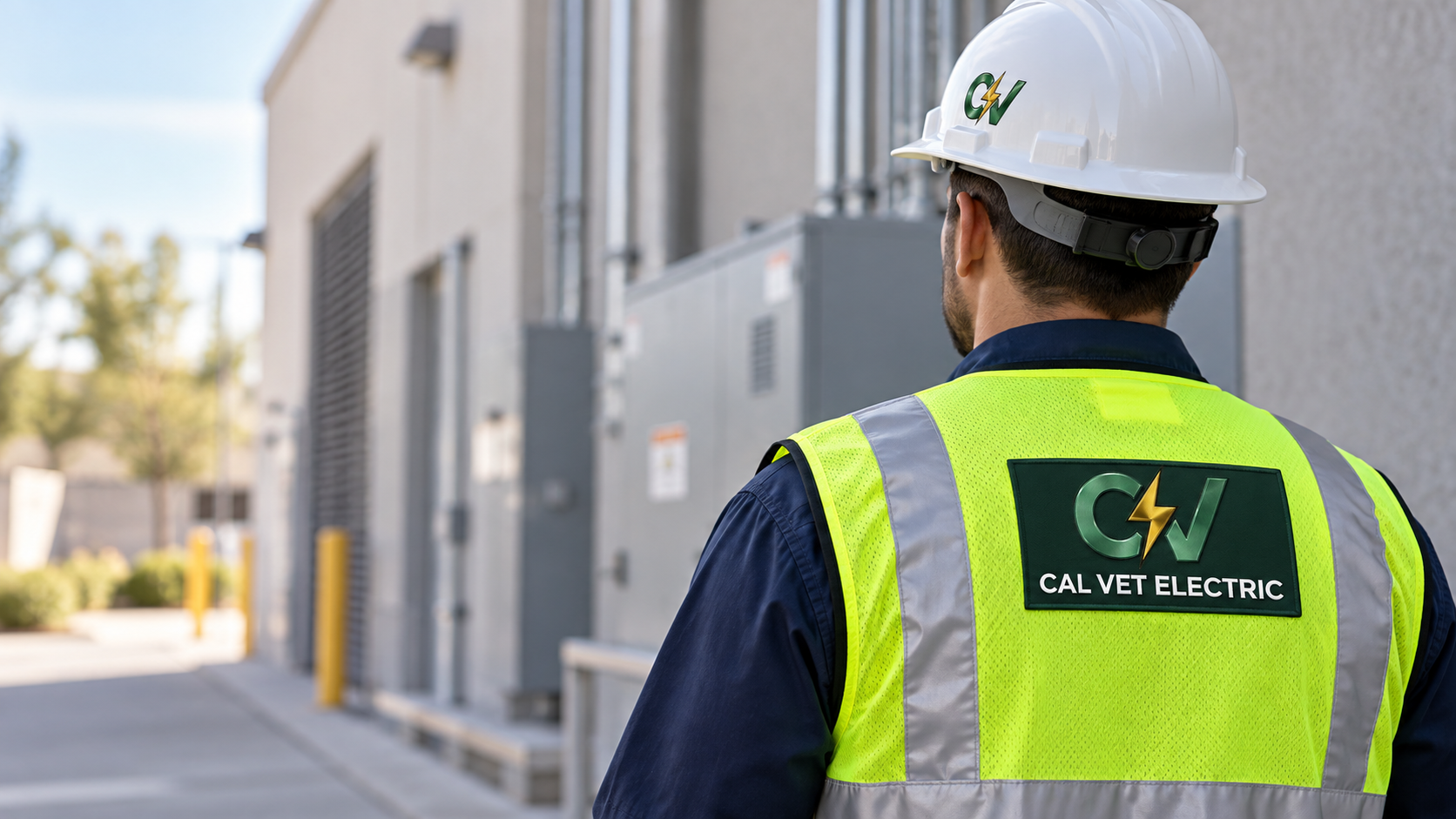 AI-generated branding concept of a fictional worker wearing a Cal Vet Electric vest and hard hat
