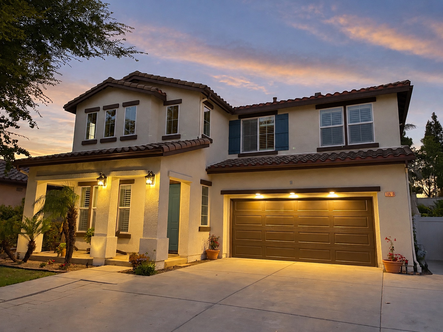 Retouched photograph of Cal Vet exterior lighting work at dusk